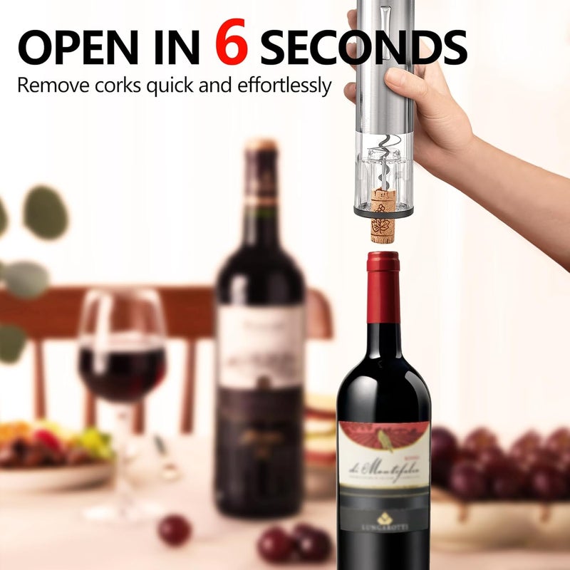 BGM.FOX 4-in-1 Rechargeable Electric Wine Opener Wine Aerator Gift Set with Electric Wine Decanter, Wine Stopper, Foil Cutter, Automatic Electric Wine Bottle Opener for Home Bar Parties, Stainless Steel - Image 4